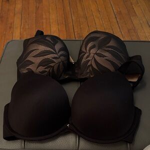 Cacique Black Lace-Overlay Balconette Bra & Black Boost Plunge.   EUC